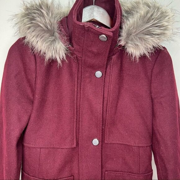 Kenneth Cole Burgundy Wool Blend Faux Fur Hooded Coat Size XS - Picture 4 of 13